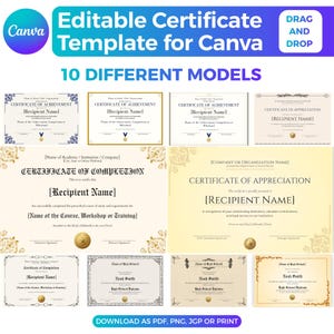 Editable Certificate Template Canva | 10 Printable Certificate of Completion, Achievement & Appreciation | Award Diploma Bundle