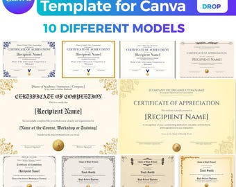 Redigerbar certifikatmall Canva | 10 utskrivbara intyg om fullbordad prestation och uppskattning | Paket med utmärkelsediplom