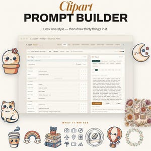 May include: A digital software interface titled Clipart Prompt Builder featuring a browser window with input fields for generating graphic prompts, surrounded by various illustrated icons including a cactus, cat, rainbow, and hot air balloon.