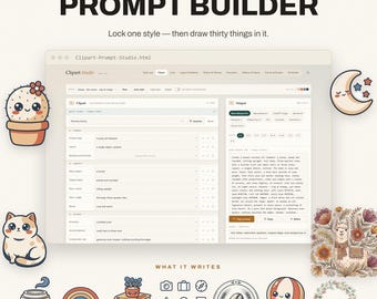 May include: A digital software interface titled Clipart Prompt Builder featuring a browser window with input fields for generating graphic prompts, surrounded by various illustrated icons including a cactus, cat, rainbow, and hot air balloon.