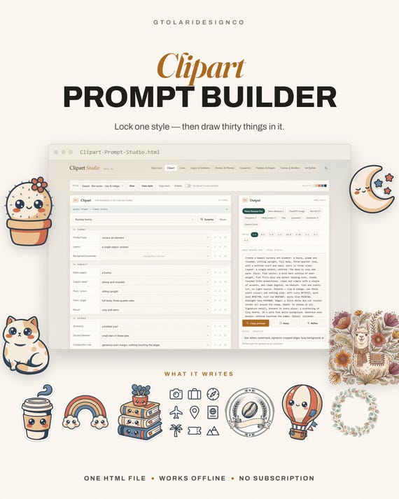 Clipart Prompt Builder, Icon, Logo, Sticker, Images and Videos Prompts, Nano Banana, Midjourney, Kling