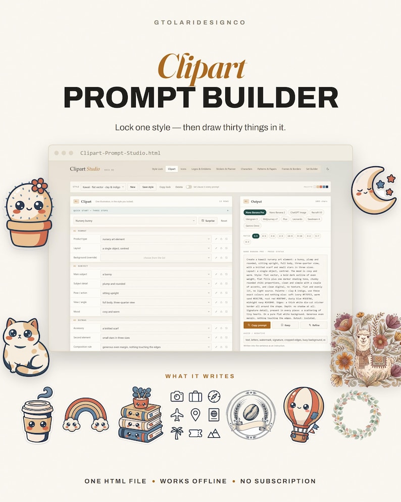 May include: A digital software interface titled Clipart Prompt Builder featuring a browser window with input fields for generating graphic prompts, surrounded by various illustrated icons including a cactus, cat, rainbow, and hot air balloon.