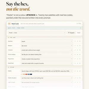 May include: A digital interface titled Deck 01 Style Lock with the text Say the hex, not the word. The form includes fields for aesthetic, medium, linework, fills, proportions, detail level, and color palette with specific hex codes listed.