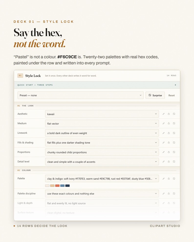 May include: A digital interface titled Deck 01 Style Lock with the text Say the hex, not the word. The form includes fields for aesthetic, medium, linework, fills, proportions, detail level, and color palette with specific hex codes listed.