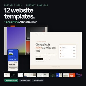 May include: A digital product set featuring 12 website templates and one offline AI brief builder. The display shows various interface designs, including a mobile phone screen and a desktop browser window with the text Close the books before the coffee goes cold.