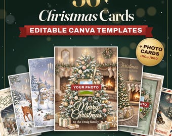 36 Christmas Cards Template Bundle for Canva, Photo Christmas Holiday Card, Family Party Invitation