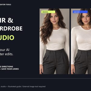 May include: A digital interface titled GTOLARI / CREATOR TOOLS HAIR & WARDROBE STUDIO. It displays two side-by-side images of a person in a white long-sleeve shirt and dark trousers, labeled ORIGINAL and HAIR EDIT, showing different hair lengths.