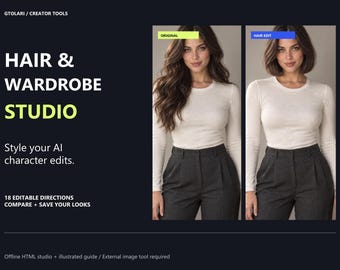 AI-influencer hår- och garderobsstudio, promptbyggare, karaktärsredigeringsplanerare, offline HTML-verktyg