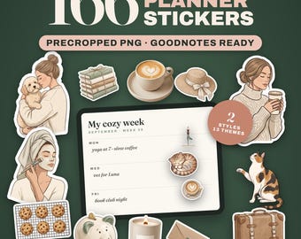 160+ Digital Planner Stickers, Cozy Precropped GoodNotes Stickers, Daily Planning Graphics, Transparent PNG + Canva