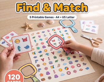 Hitta och matcha spel utskrivbara för barn, visuell diskrimineringsaktivitet, sök-och-hitta-spel för förskolebarn