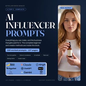 May include: A digital product cover titled AI INFLUENCER PROMPTS featuring text about 209 worked prompts and 127 pages. The design includes logos for Nano Banana, Claude, KlingAI, Higgsfield, ChatGPT, Veo 3, Midjourney, Gemini, and Sora.