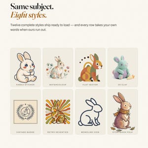 May include: A digital graphic display featuring the text 'ANY LOOK YOU LIKE Same subject. Eight styles.' and 'Twelve complete styles ship ready to load'. Below are eight rabbit illustrations labeled Kawaii Sticker, Watercolour, Flat Vector, 3D Clay, Vintage Badge, Retro Seventies, Monoline Icon, and Storybook Folk.