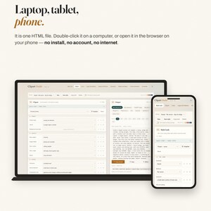 May include: A digital interface displayed on a laptop and a smartphone screen, featuring the text: ONE FILE, ANY SCREEN. Laptop, tablet, phone. It is one HTML file. Double-click it on a computer, or open it in the browser on your phone.