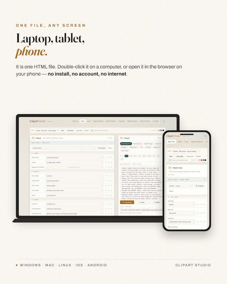 May include: A digital interface displayed on a laptop and a smartphone screen, featuring the text: ONE FILE, ANY SCREEN. Laptop, tablet, phone. It is one HTML file. Double-click it on a computer, or open it in the browser on your phone.