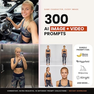 Op de afbeelding: Een digitaal product met 300 AI-afbeeldings- en videoprompts met een consistent personage in een donkerblauwe sportbeha en legging met tropisch bladpatroon. De tekst bevat SAME CHARACTER, EVERY IMAGE, 300 AI IMAGE + VIDEO PROMPTS en BUNDLE PROMPT FOR: Nano Banana, Higgsfield, Midjourney, KlingAI AND MORE.