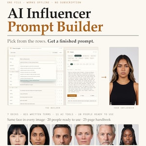 Op de afbeelding: Een digitaal productinterface getiteld AI Influencer Prompt Builder met een keuzemenu voor parameters voor het genereren van afbeeldingen, een tekstvak en een portret van een persoon in een zwart hemdje, naast zes diverse voorbeelden.