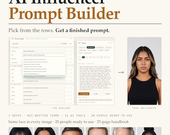 Influencer Prompt Builder, Image and Video Generation, Character Pose Builder, Nano Banana, Midjourney, Kling