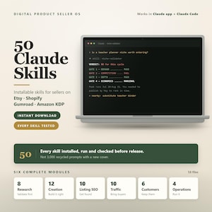 May include: A digital product seller OS graphic featuring 50 Claude Skills for Etsy, Shopify, Gumroad, and Amazon KDP. It displays a laptop screen with a niche validator interface, six modules including research and SEO, and text detailing 58 files.