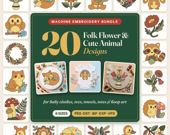 Maskinbroderimönsterpaket, 20 folkblommor och djurmotiv, Pes, Dst, Jef, Exp, Vp3