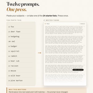 May include: A digital interface titled The Set Builder featuring the text Twelve prompts. One press. It displays a list of animal subjects on the left and a corresponding column of generated text prompts on the right, with a section below titled Why This Matters.