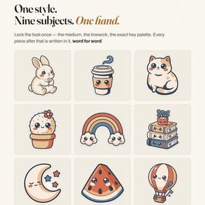 May include: A graphic design sheet titled The Whole Idea, One style. Nine subjects. One hand. It features nine individual illustrations of a rabbit, coffee cup, cat, cactus, rainbow, books, moon, watermelon slice, and hot air balloon in a consistent style.