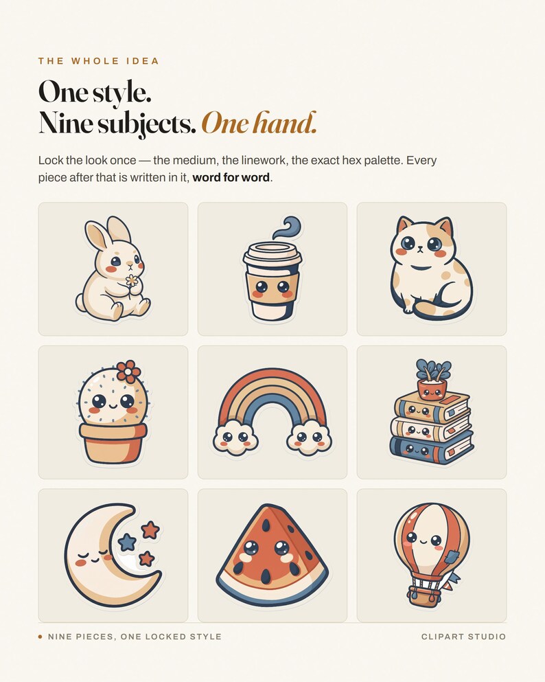 May include: A graphic design sheet titled The Whole Idea, One style. Nine subjects. One hand. It features nine individual illustrations of a rabbit, coffee cup, cat, cactus, rainbow, books, moon, watermelon slice, and hot air balloon in a consistent style.