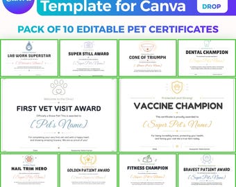 Paket med certifikat för husdjursmod, 10 redigerbara mallar för veterinärutmärkelser, utskrivbar Canva för veterinärklinik