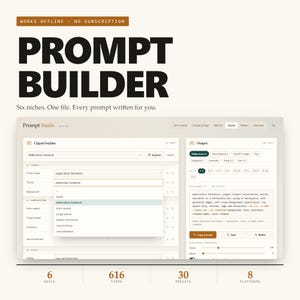 May include: A digital interface titled Prompt Builder featuring a software dashboard with dropdown menus for selecting themes like watercolour botanical, and an output box displaying generated text prompts for AI image creation tools.
