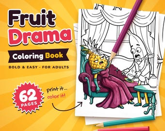 Målarbok med fruktdrama, 62 roliga sidor, djärv och enkel, PDF-bok, digital nedladdning