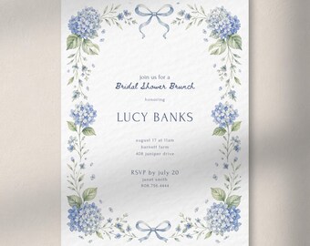 Editable Blue Hydrangea Bridal Shower Invitation | Canva Template | Instant Download