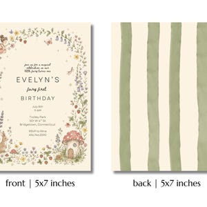 May include: A 5x7 inch invitation card featuring a cream background with a floral border, a fairy, a rabbit, and a mushroom house. The text reads: Join us for a magical celebration as our little fairy turns one, EVELYN'S fairy first BIRTHDAY.