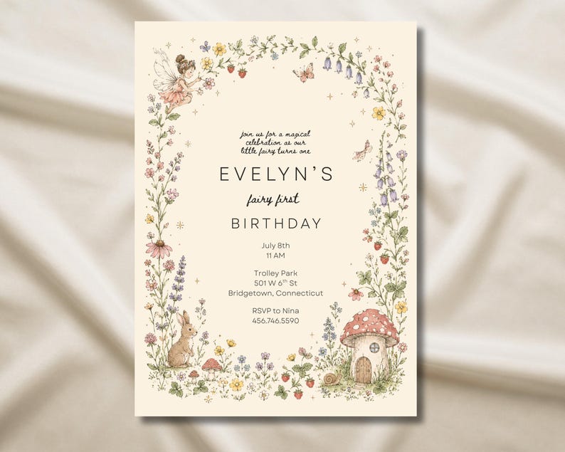 Fairy First Birthday Invitation Template | Editable Canva Invite | Enchanted Fairy Garden Party | Instant Download image 4