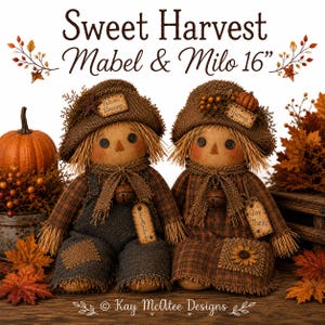 May include: Two 40.64 cm scarecrow dolls named Mabel and Milo, wearing brown plaid clothing, hats with tags reading Autumn Blessings and Harvest, and neck bells. One doll wears overalls with a FALL tag, the other a dress with a Give Thanks tag.