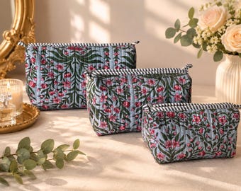 3 Piece Quilted Makeup Bag Set, Hand Block Print Cotton Cosmetic Pouches, Travel Organizer