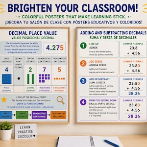 May include: Two educational posters titled Decimal Place Value and Adding and Subtracting Decimals. The posters feature colorful text, math examples, and diagrams explaining place values and decimal operations in both English and Spanish.