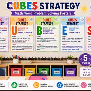 Può includere: Un set di cinque poster educativi intitolati CUBES STRATEGY Math Word Problem Solving Posters, con testo bilingue in inglese e spagnolo. Ogni poster evidenzia una fase del metodo CUBES con esempi, disponibile in formati da 46 per 61 cm.