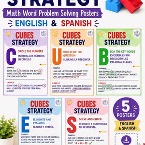 Puede incluir: Un conjunto de cinco pósteres educativos titulados CUBES STRATEGY para resolver problemas matemáticos. Cada póster presenta una letra del acrónimo CUBES con instrucciones y ejemplos en inglés y español, e incluye un bloque de construcción.