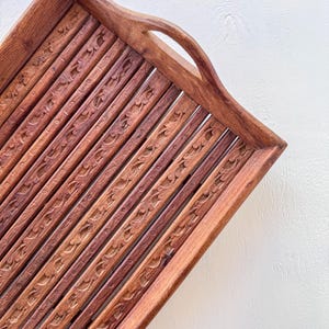 Vintage Hand Carved Wooden Serving Tray | Rustic Floral Handles (15.5 x 11.5 Inches)