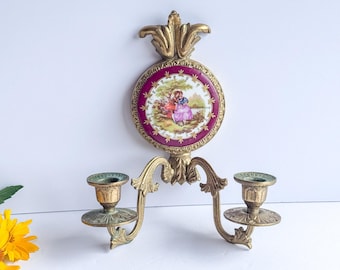 Vintage Limoges France Porcelain Double Candle Sconce Fragonard Romantic Couple Brass Wall Candelabra 1950s