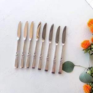 May include: A set of eight silver-toned stainless steel dinner knives arranged in a row. Each knife features a smooth, polished blade and a handle decorated with a detailed embossed floral pattern near the base and horizontal line accents.