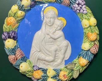 Madonna and Child Vintage Italian Ceramic Della Robbia Style