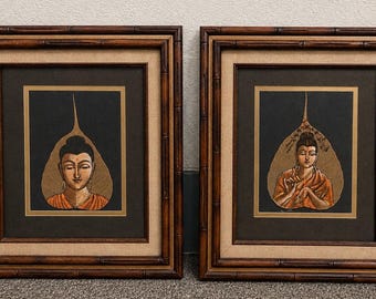 Hand Painted Bodhi Leaf Buddha Wall Art Set Bamboo Frames Vintage Decor