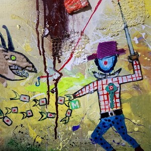 May include: A mixed-media painting on canvas featuring a figure in a purple hat, red and white plaid shirt, and blue trousers with black spots. The figure holds a fishing rod with a red line and a blue hook near a brown creature with sharp teeth.