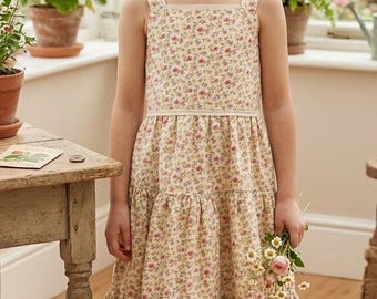 Girls Buttercream Floral Tiered Cotton Dress, Cottage Core, Prairie, Rustic