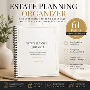 Op de afbeelding: Een witte spiraalgebonden estate planning organizer met gouden randaccenten en zwarte tekst met de tekst ESTATE PLANNING ORGANIZER. De omslag bevat de ondertitel A Comprehensive Guide to Organizing Your Legacy & Important Documents en de merknaam PaperTrait.