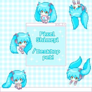 Peut inclure: Un graphique numérique présentant une fenêtre centrale avec le texte Pixel Shimeji / Desktop pet! entouré de cinq personnages en pixel art aux longs cheveux bleu sarcelle, grands yeux et tenues blanches, sur un fond à carreaux bleu clair et blanc.