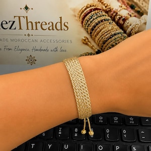 Guldvävt marockanskt armband, bred boho manschett, justerbart armband, traditionella smycken