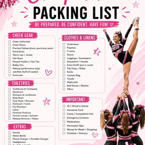 May include: A pink and white cheer camp and competition packing list featuring categories for gear, clothes, toiletries, and extras. The document includes checkboxes and illustrations of cheerleaders in black and pink uniforms with pom-poms.