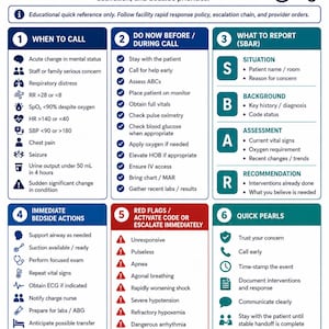 May include: A Rapid Response Cheat Sheet infographic for adult inpatient care. It features six numbered sections detailing when to call, actions to take, SBAR reporting, bedside tasks, red flags for code activation, and quick clinical pearls.