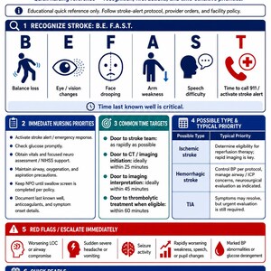 Może przedstawiać: Niebiesko-biała edukacyjna infografika w formie ściągi dotyczącej udaru mózgu. Zawiera akronim B.E.F.A.S.T. służący do rozpoznawania objawów, priorytety pielęgniarskie, cele czasowe, rodzaje udarów, sygnały ostrzegawcze oraz praktyczne wskazówki.